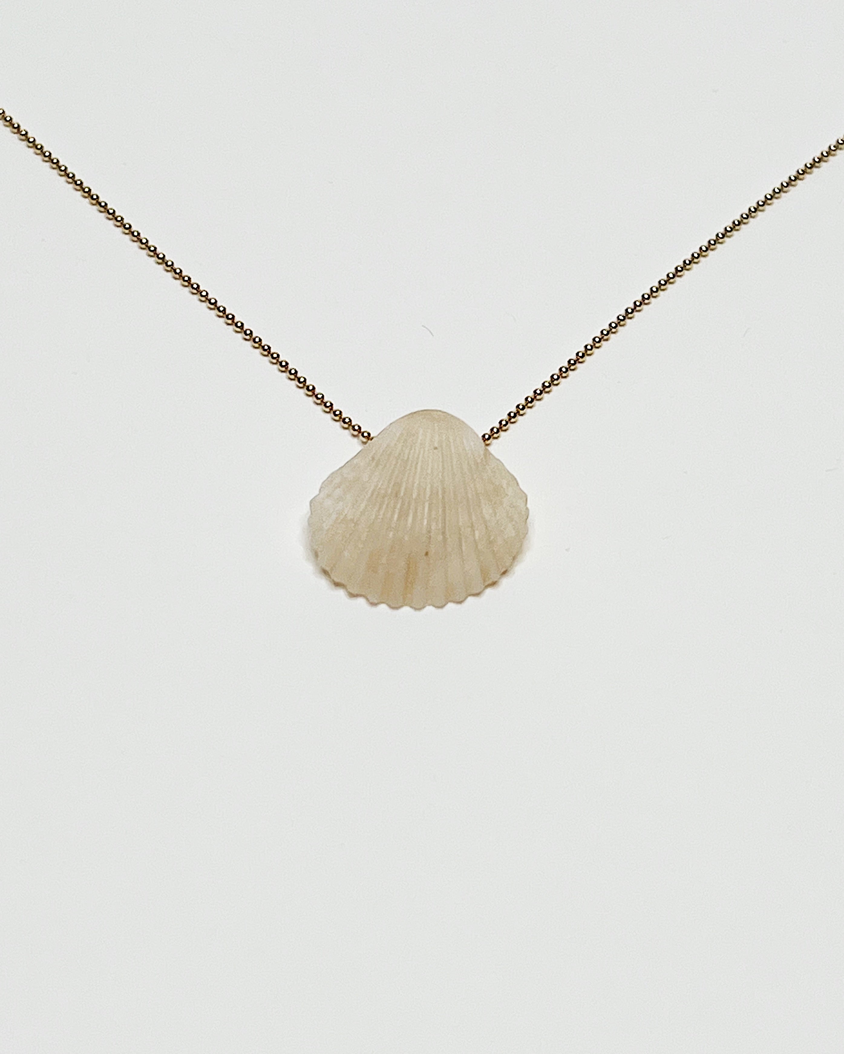Delicate gold chain necklace with small white shell pendant, handmade on Kaua‘i