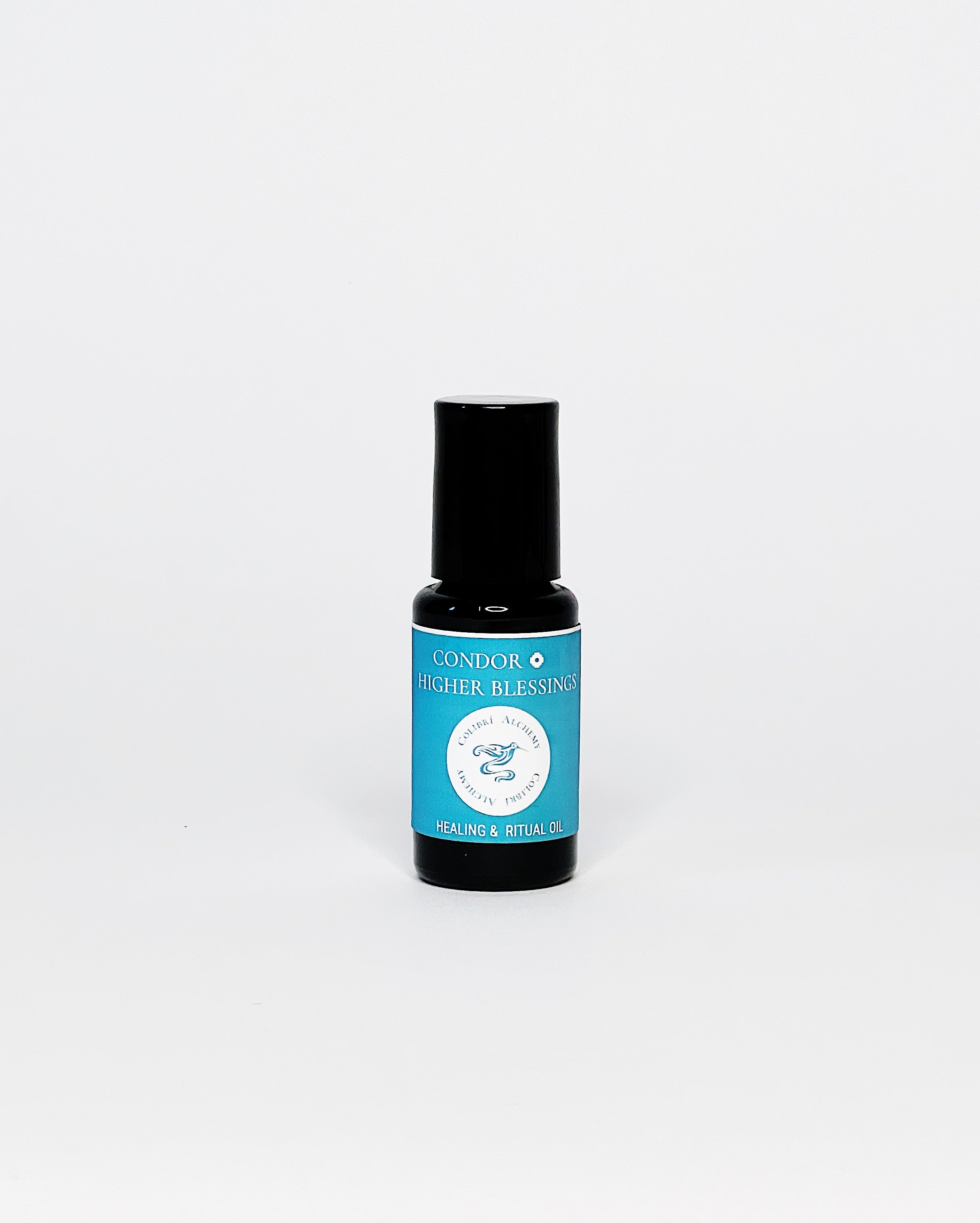 Condor Ritual Oil by Colibrí Alchemy in a dark glass bottle with blue label, promoting ease, equanimity, and healing.