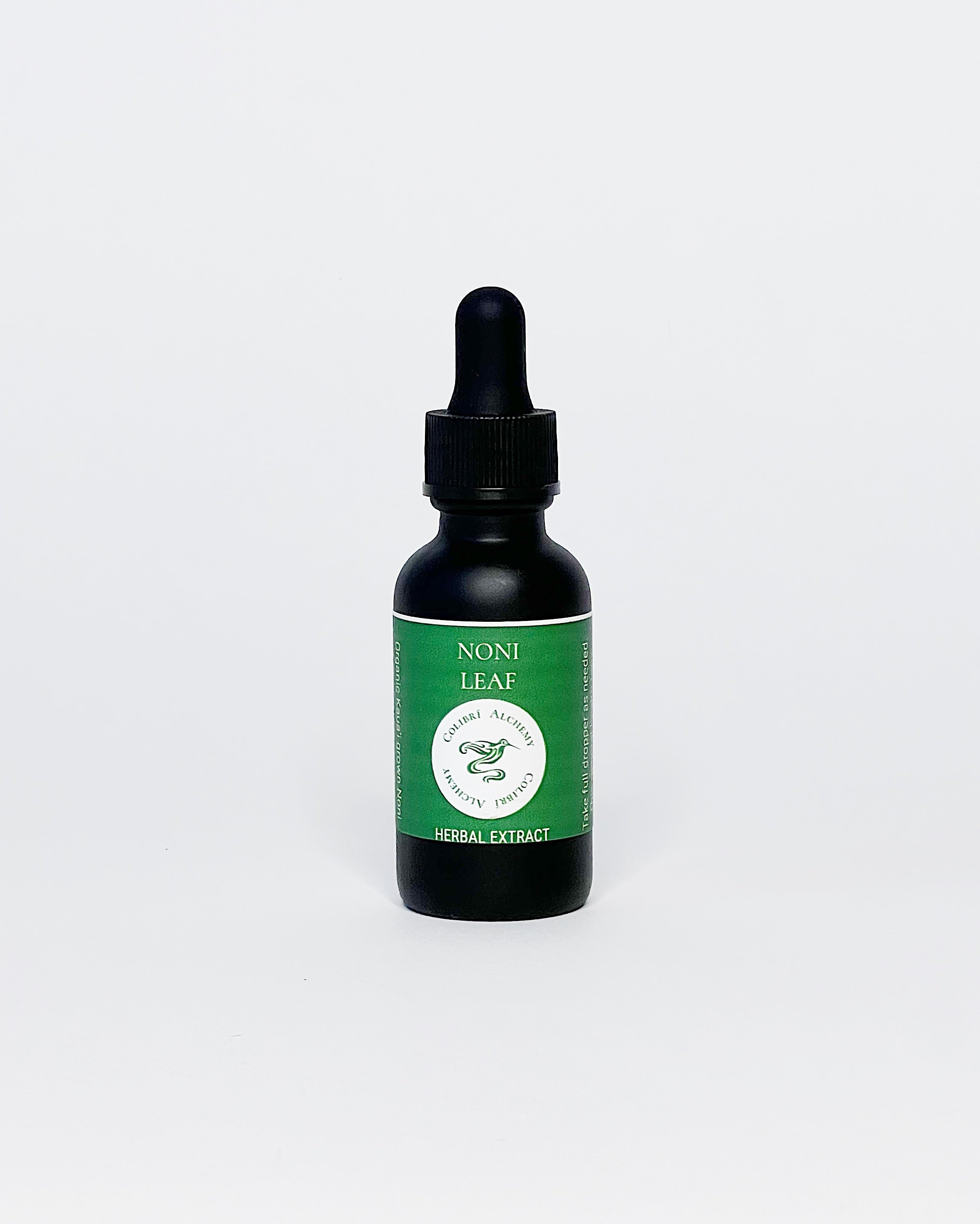 Noni leaf Herbal Extract by Colibrí Alchemy in amber dropper bottle with green label supporting energy and wellness.
