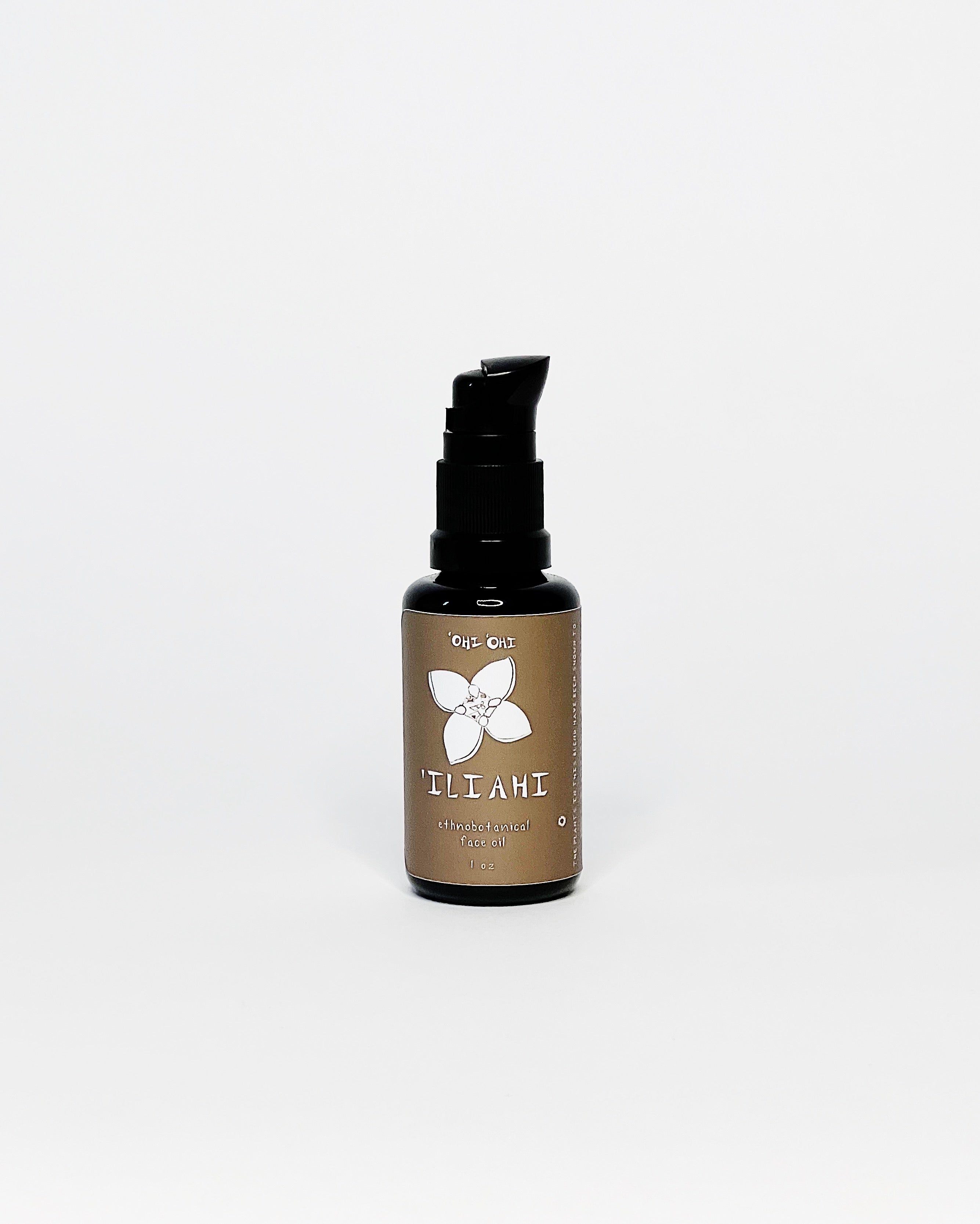 Black glass bottle of ʻOhi ʻOhi ‘Iliahi Ethnobotanical Oil with a pump top, featuring a white sandalwood flower illustration and minimalist label on a white background
