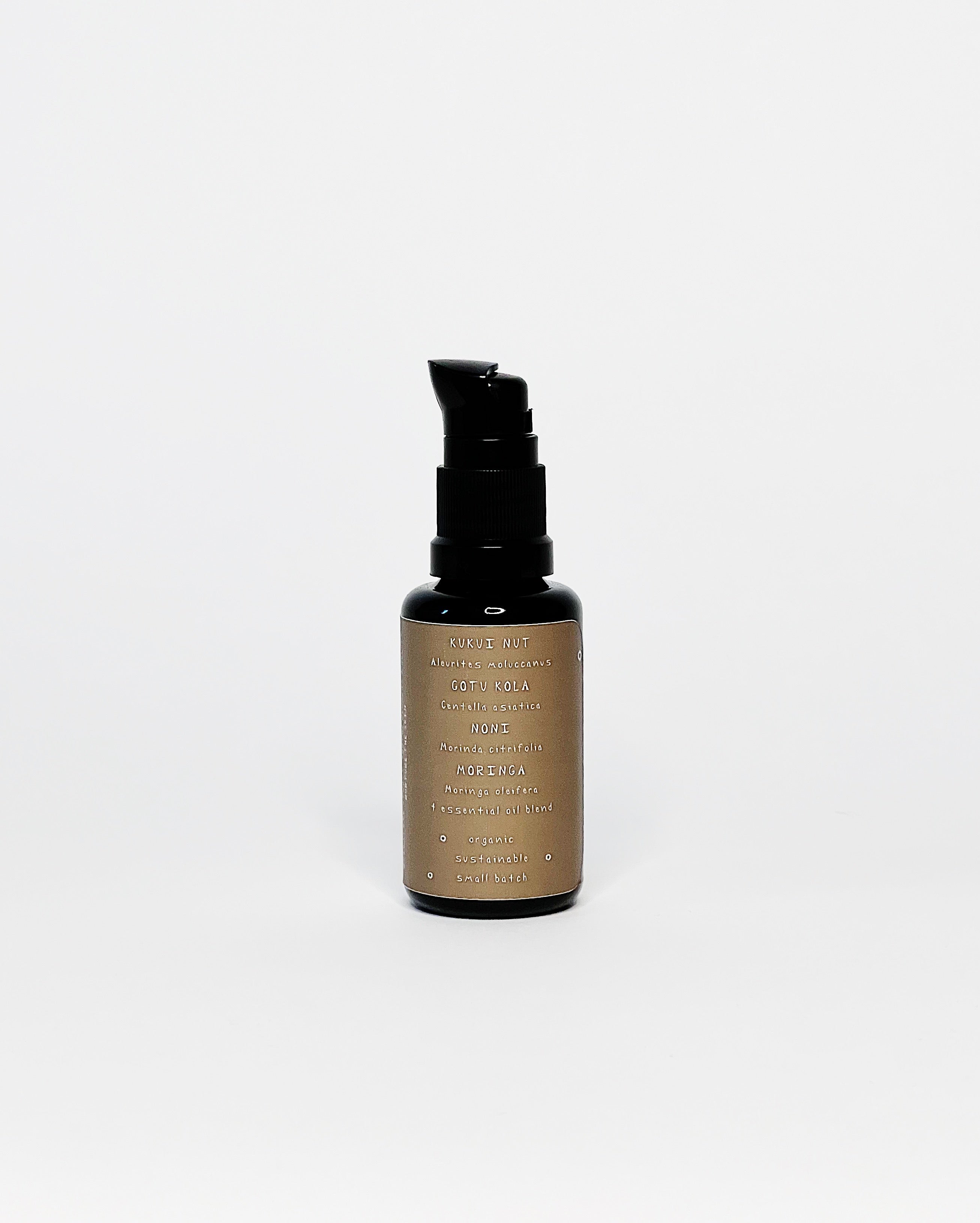 Black glass bottle of ʻOhi ʻOhi ‘Iliahi Ethnobotanical Oil with a pump top, featuring a white sandalwood flower illustration and minimalist label on a white background