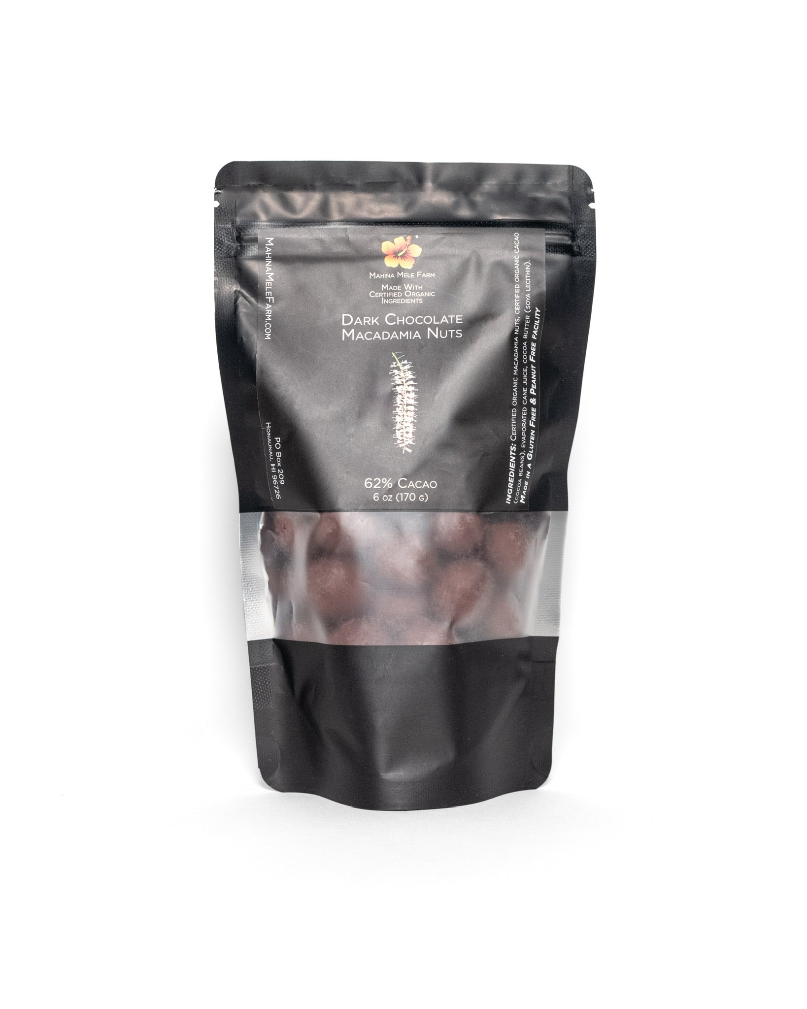 Mahina Mele Farm dark chocolate covered macadamia nuts, 62% cacao, in a black resealable pouch, 6 oz