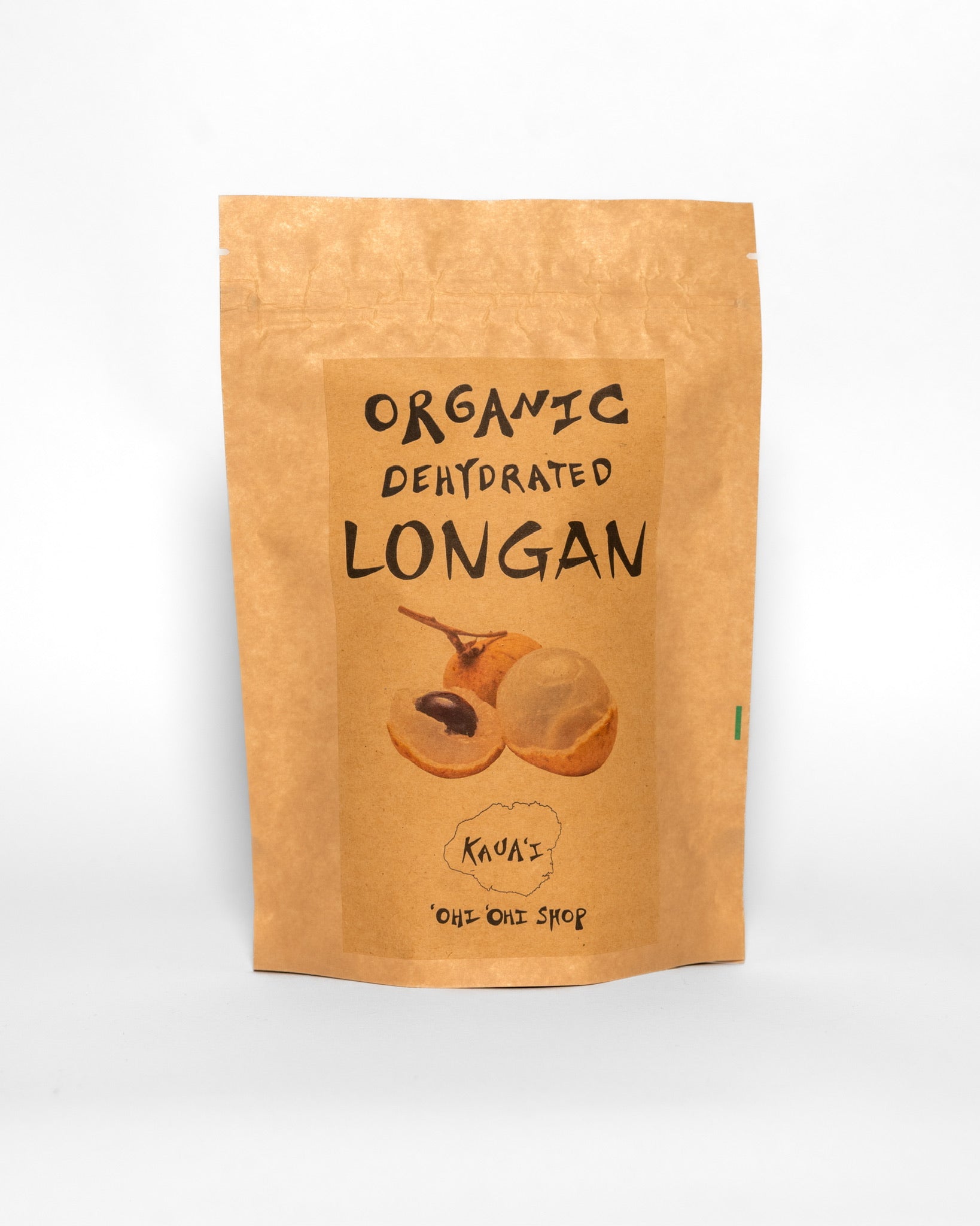 Brown kraft pouch labeled “Organic Dehydrated Longan” with an illustration of whole and halved longan fruit, from ‘Ohi ‘Ohi Shop on Kaua‘i