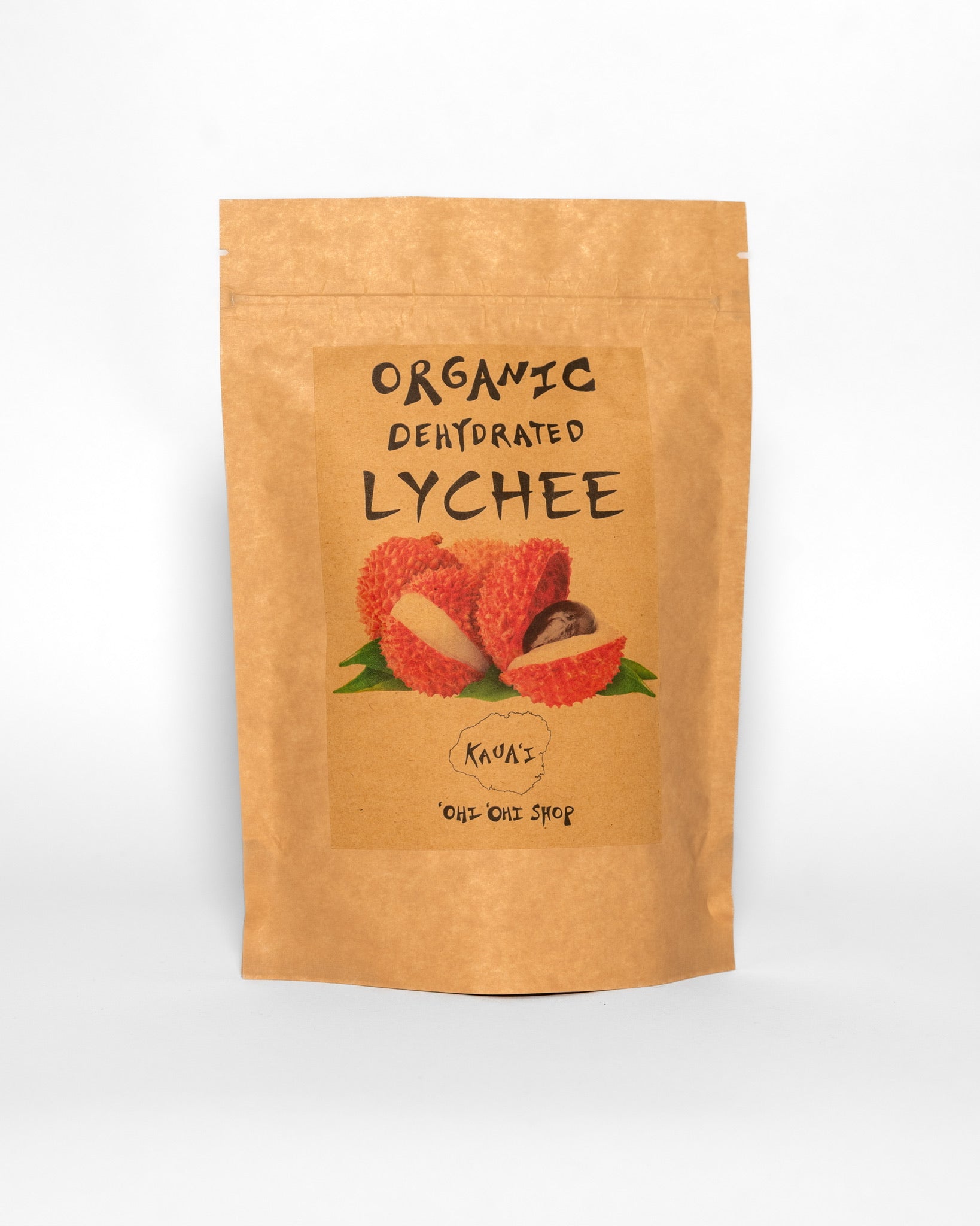 Organic dehydrated lychee from Kauaʻi, packaged in a brown pouch with a real lychee fruit image from ʻOhi ʻOhi Shop