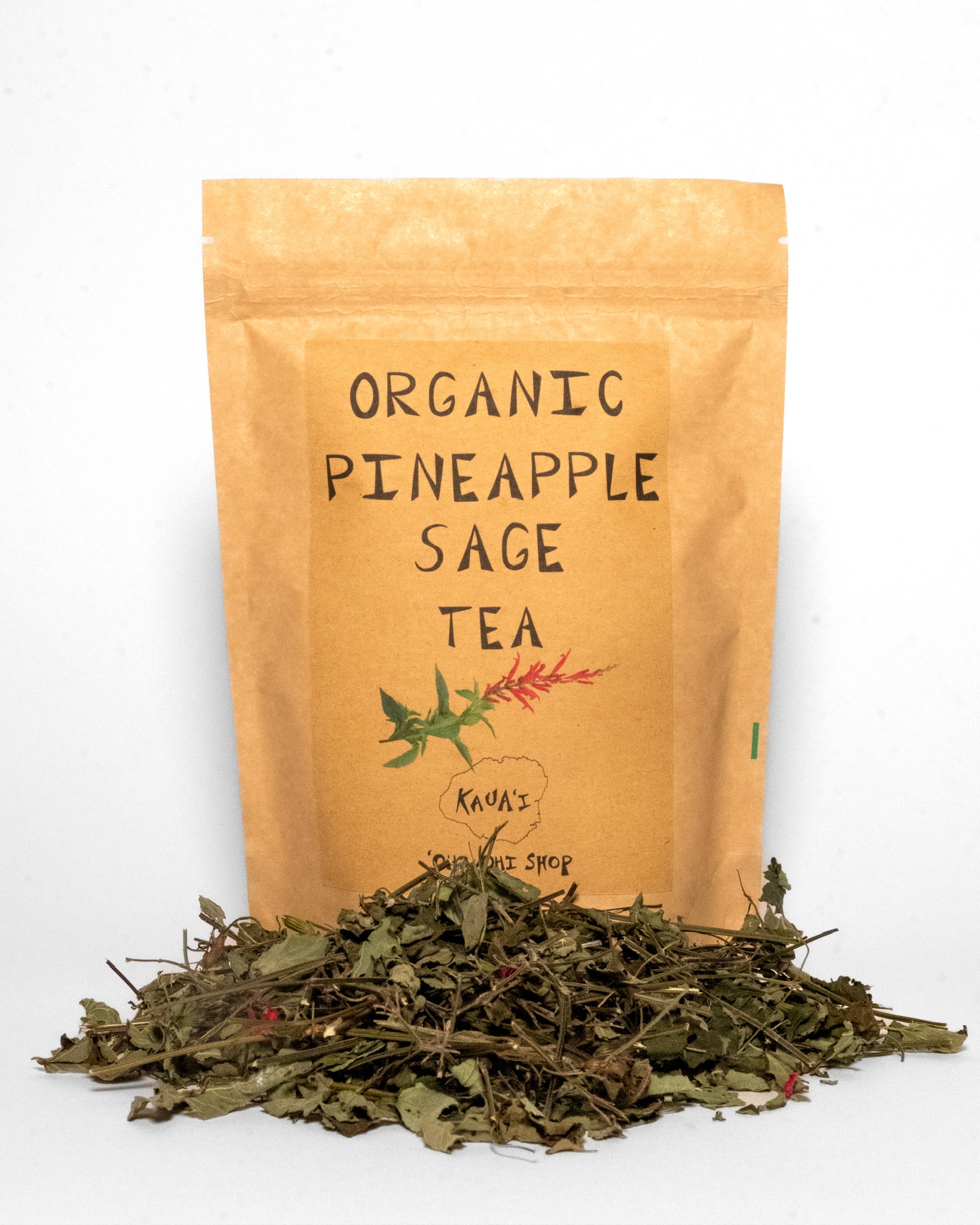 Brown kraft pouch labeled “Organic Pineapple Sage Tea” with an illustration of pineapple sage, from ‘Ohi ‘Ohi Shop on Kaua‘i