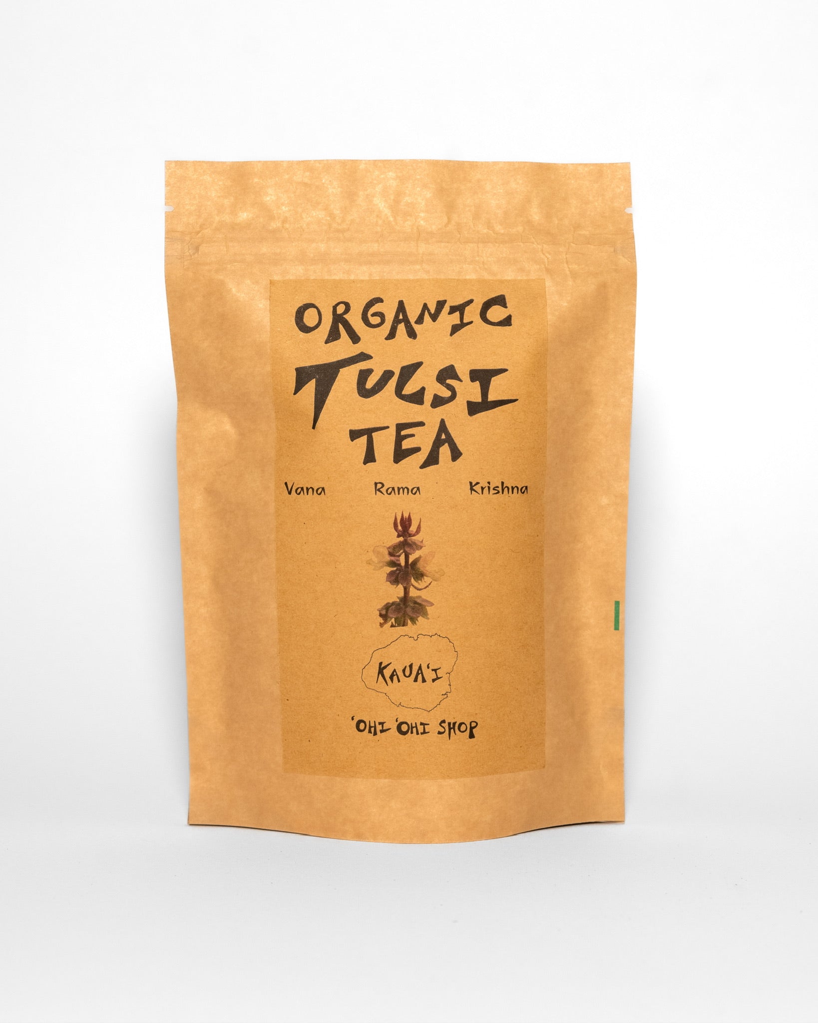 Brown kraft pouch labeled “Organic Tulsi Tea” with an illustration of the tulsi plant, listing Vana, Rama, and Krishna varieties, from ‘Ohi ‘Ohi Shop on Kaua‘i