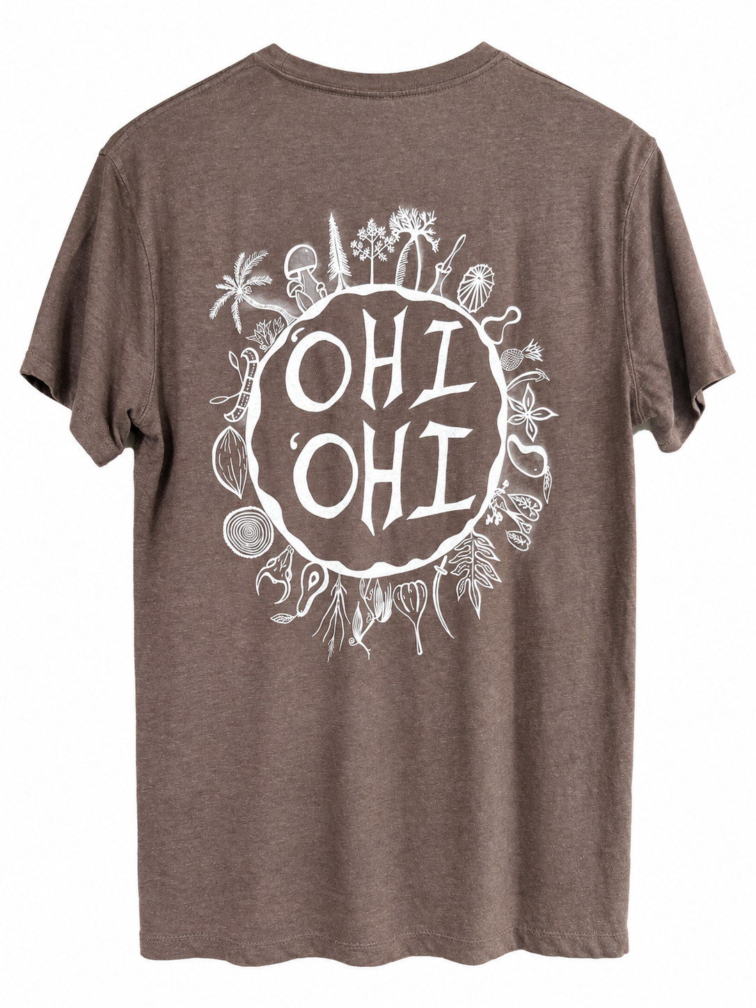 A brown colored short-sleeve t-shirt shown from the back, featuring a large black graphic print of 'OHI OHI' inside a circle surrounded by tropical illustrations.