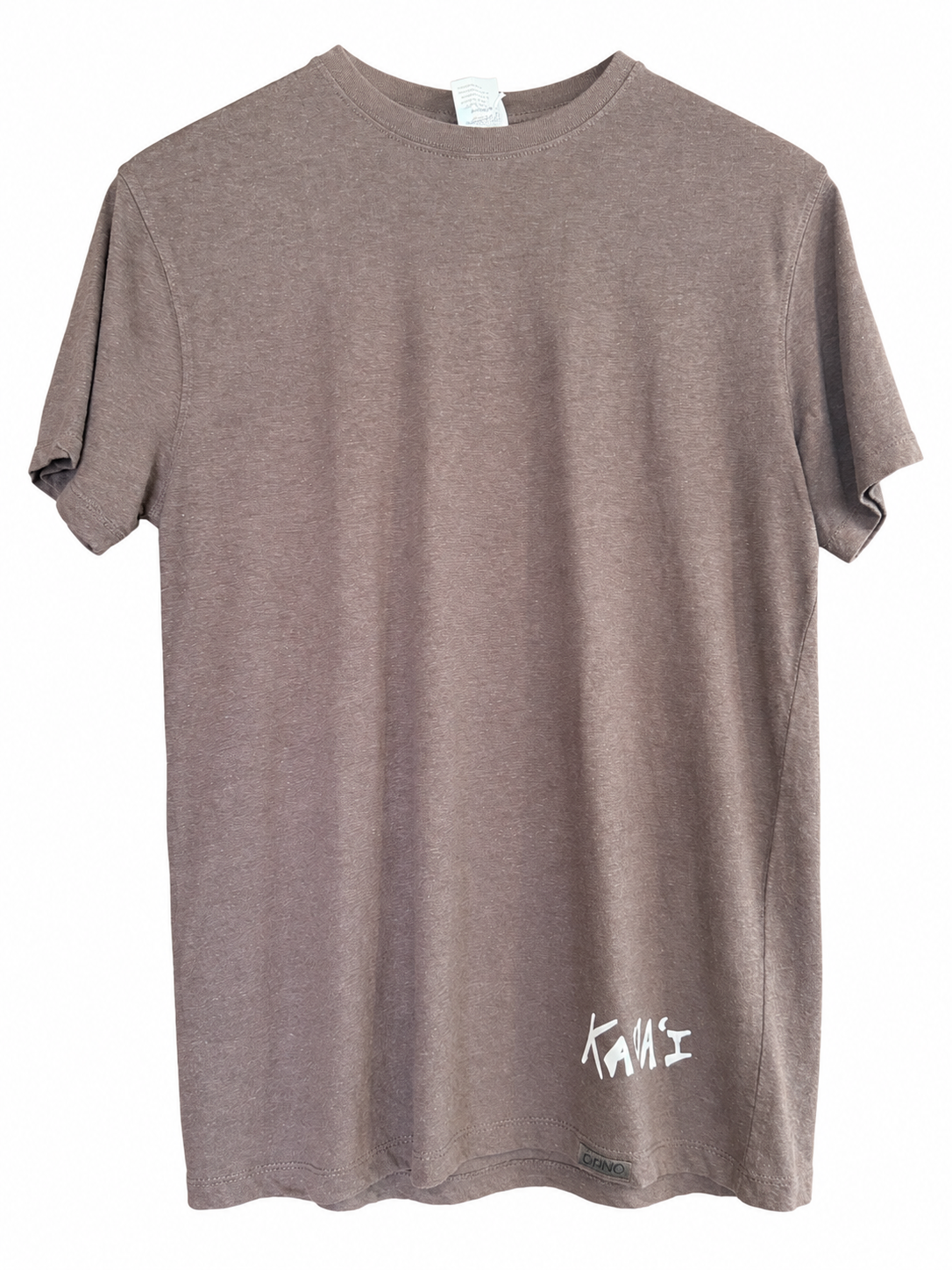 A short-sleeve crewneck t-shirt in a heathered taupe-brown color, featuring a small white graphic print on the lower right side. The shirt is displayed flat against a solid white background.
