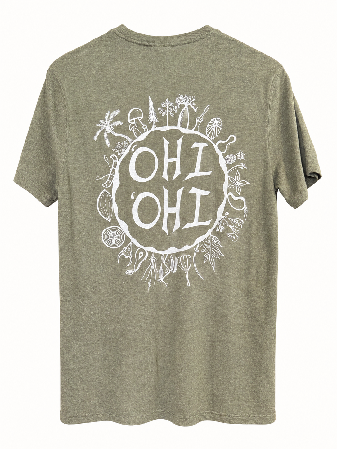 A heather olive green t-shirt with a white graphic print on the back featuring the text 'OHI OHI' inside a circle surrounded by beach-themed illustrations.