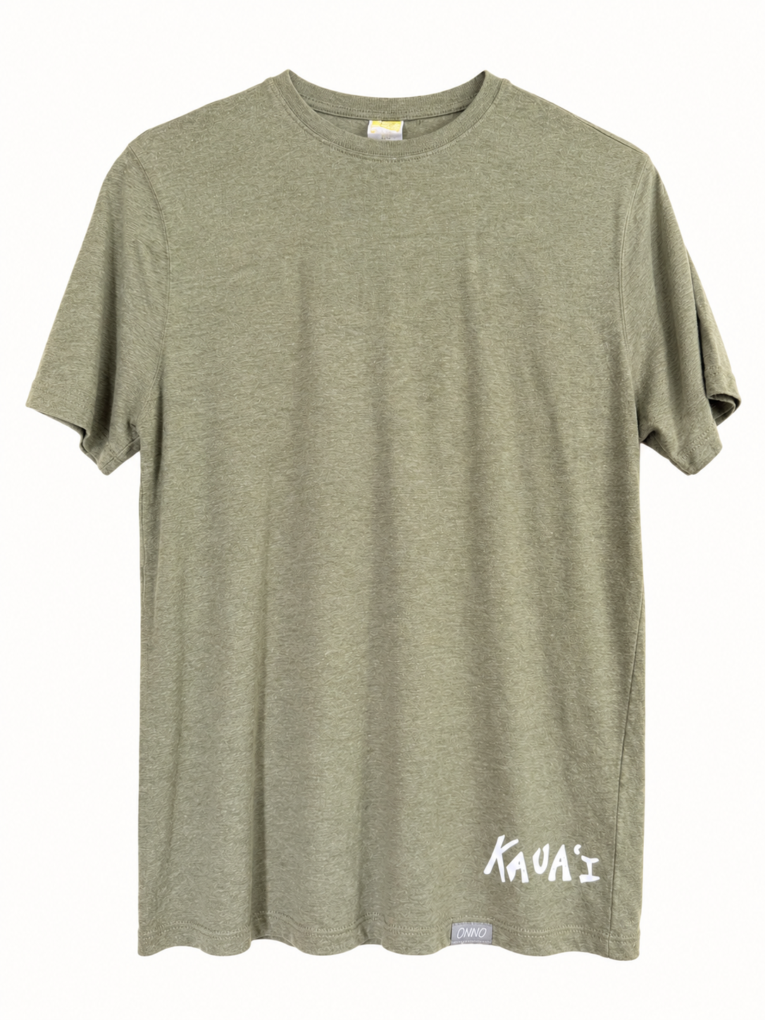 An olive green short-sleeve crewneck t-shirt with a white 'KAUAI' logo printed on the lower right front, displayed against a plain white background.