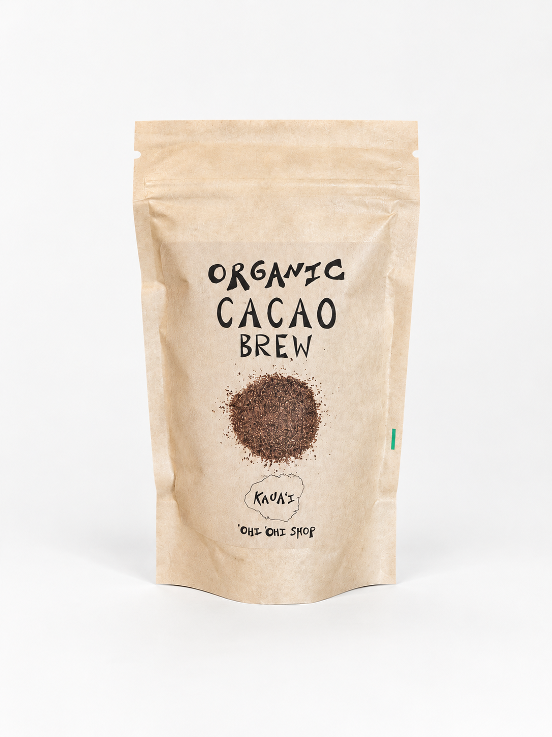 Organic Cacao Brew from ʻOhi ʻOhi, Kauaʻi-grown cacao in a natural kraft paper pouch with hand-lettered packaging.