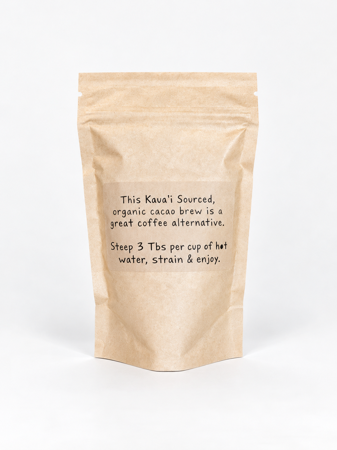 Back of ʻOhi ʻOhi Organic Cacao Brew pouch showing brewing instructions for Kauaʻi-sourced organic cacao.