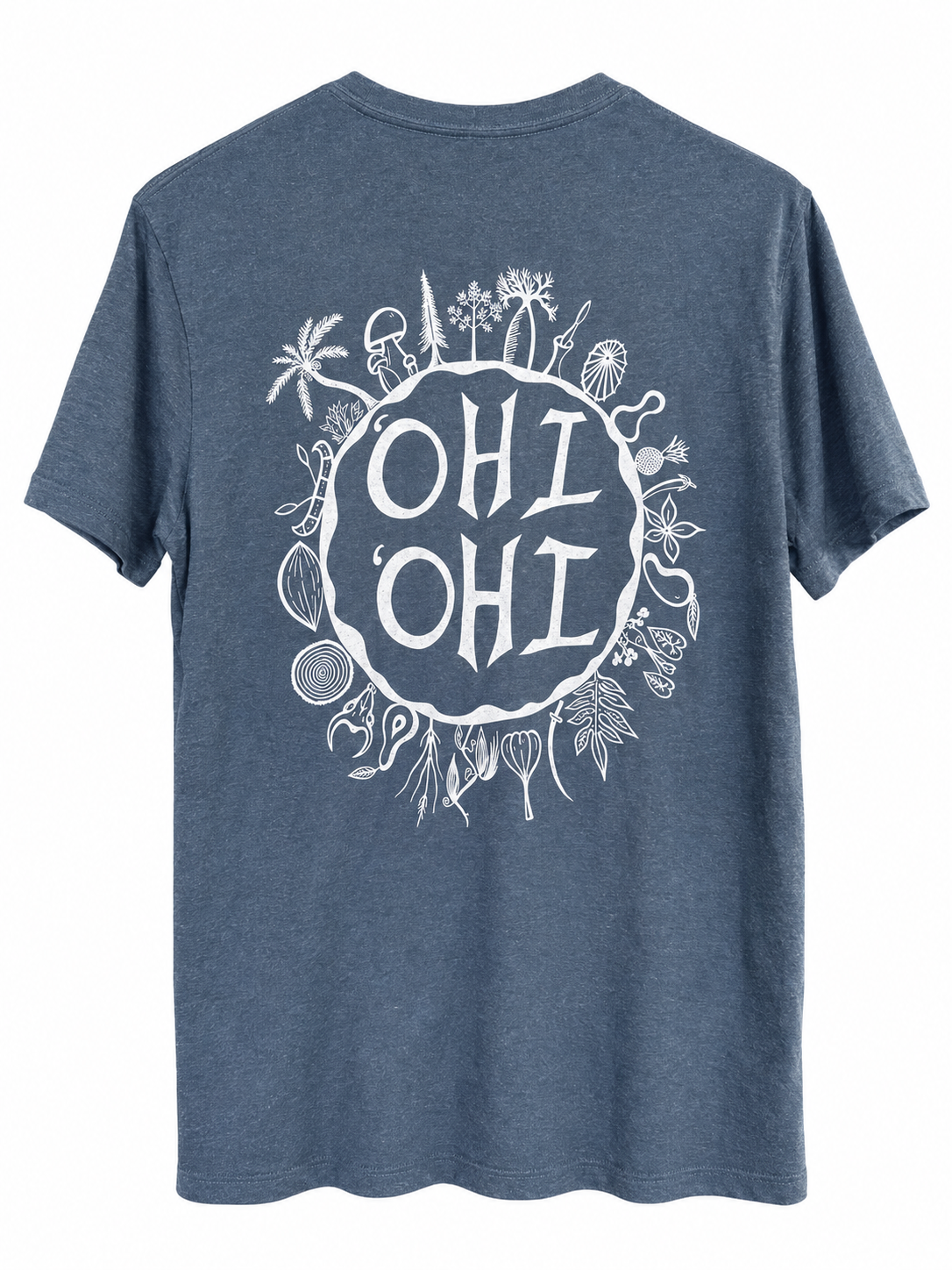 A heather blue short-sleeve t-shirt shown from the back, featuring a large white graphic print of 'OHI OHI' inside a circle surrounded by tropical illustrations.