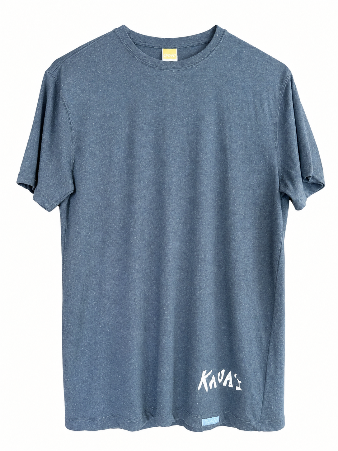 A heathered slate blue short-sleeve t-shirt with a white stylized graphic logo printed near the bottom right hem, displayed against a solid white background.