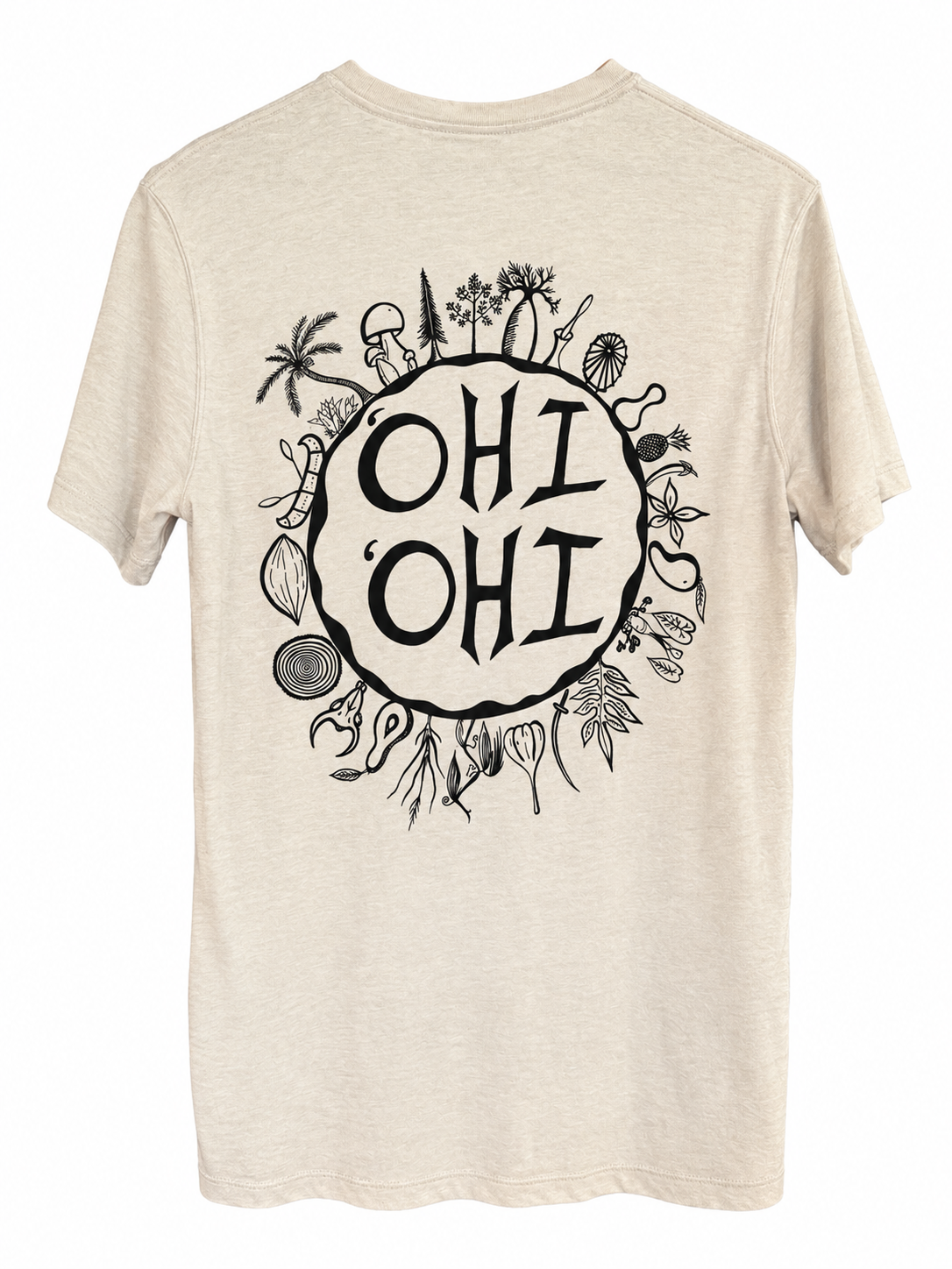 A sand colored short-sleeve t-shirt shown from the back, featuring a large black graphic print of 'OHI OHI' inside a circle surrounded by tropical illustrations.