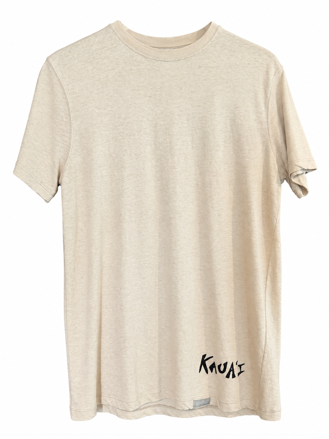 A sand colored short-sleeve t-shirt with a black stylized graphic logo printed near the bottom right hem, displayed against a solid white background.