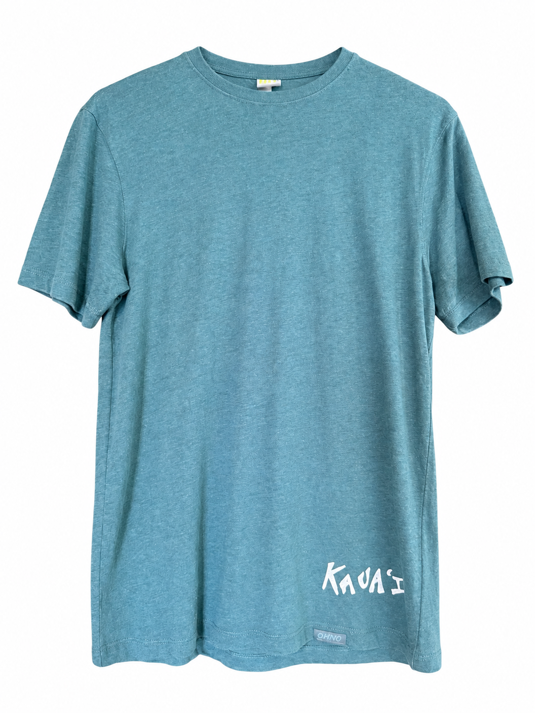 A heathered teal blue short-sleeve t-shirt with a white graphic logo on the lower right front, displayed against a solid white background.