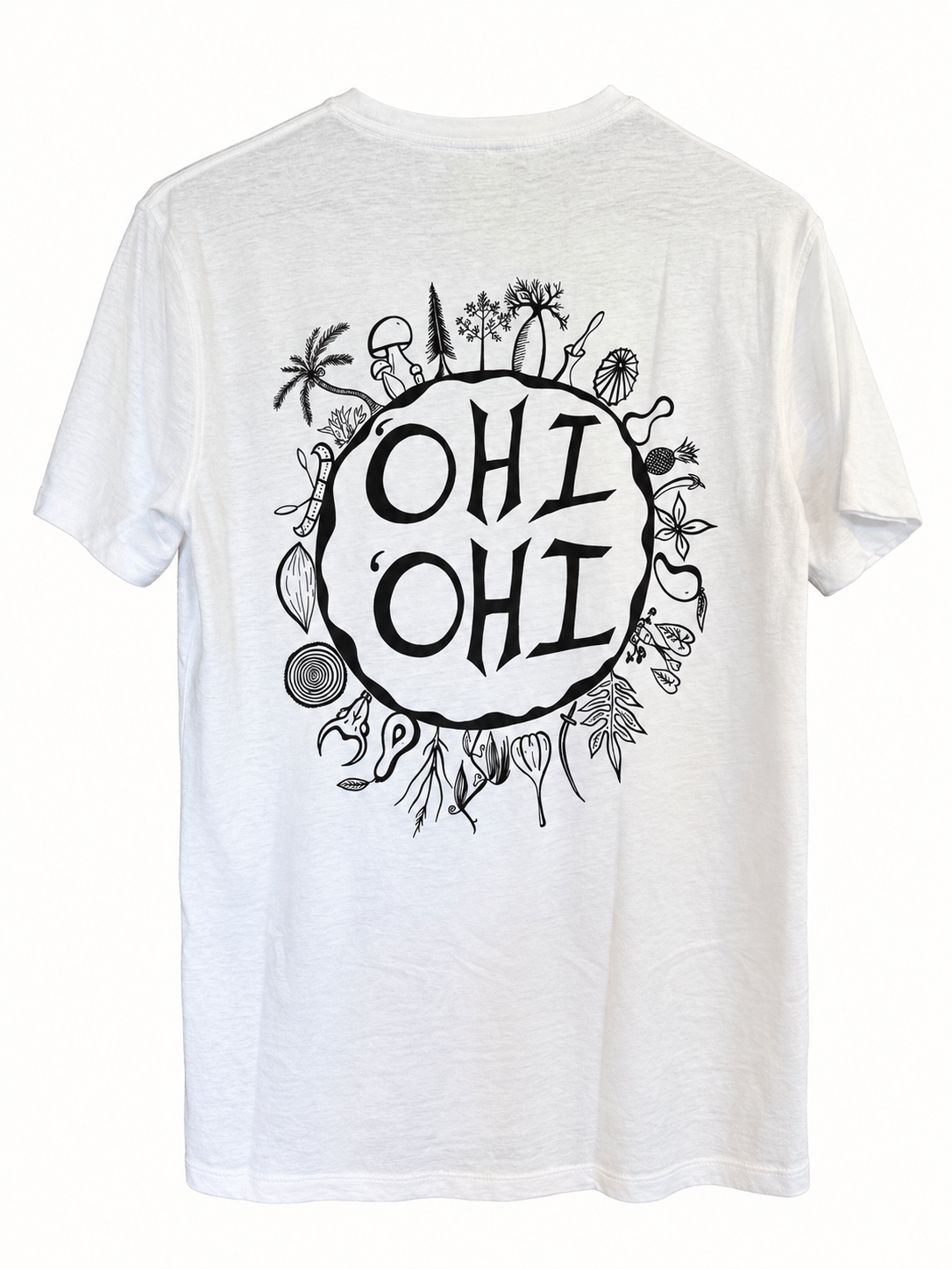 A white short-sleeve t-shirt with a black graphic print on the back featuring the text 'OHI OHI' inside a circle surrounded by tropical and beach-themed illustrations.