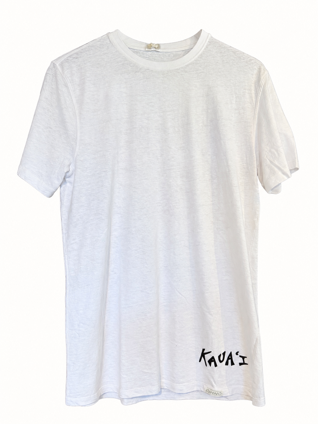 A white short-sleeve crewneck t-shirt with a black handwritten 'KAUAI' signature on the lower right hem, displayed against a plain white background.